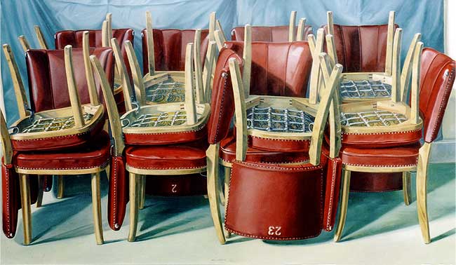 Die roten St&uuml;hle II, &Ouml;l auf Leinwand, 130x240cm, 2005, Stilleben, Stefan S. Schmidt